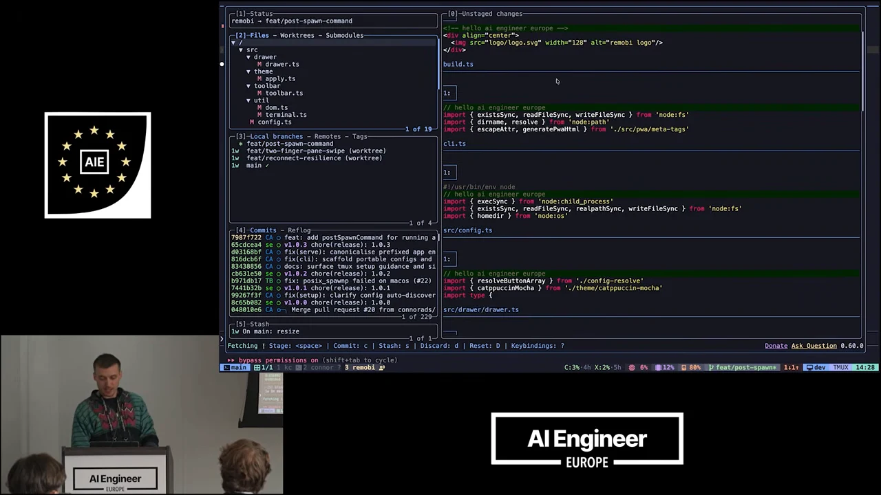 Terminal interface with files, branches, and commits on the left and code diffs on the right.