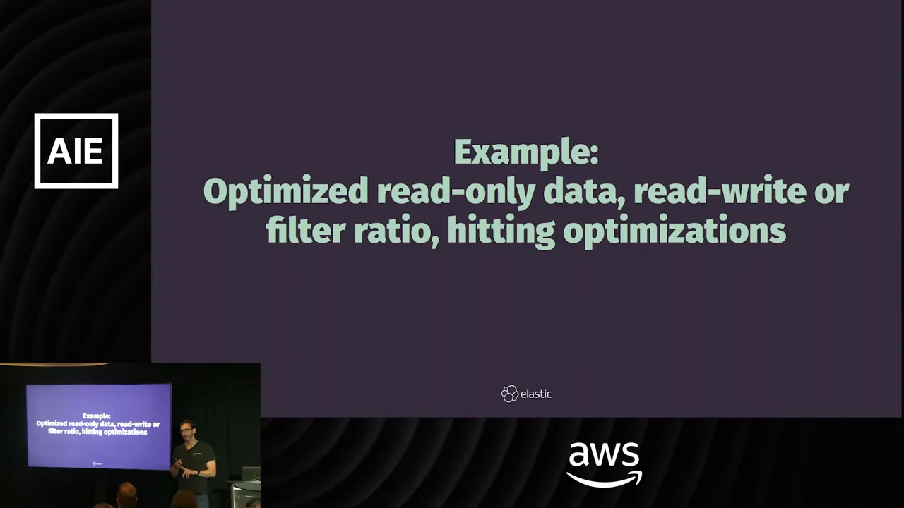 Slide reading: “Example: Optimized read-only data, read-write or filter ratio, hitting optimizations.”