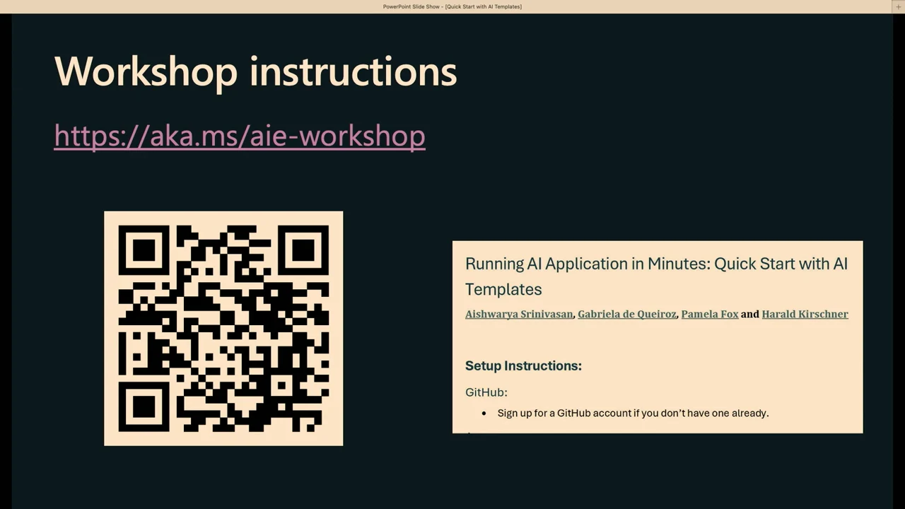 Workshop instructions slide with a URL, large QR code and a preview of the setup document.