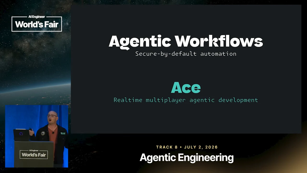 Slide pairs “Agentic Workflows” with “Secure-by-default automation” and “Ace” with “Realtime multiplayer agentic development.”