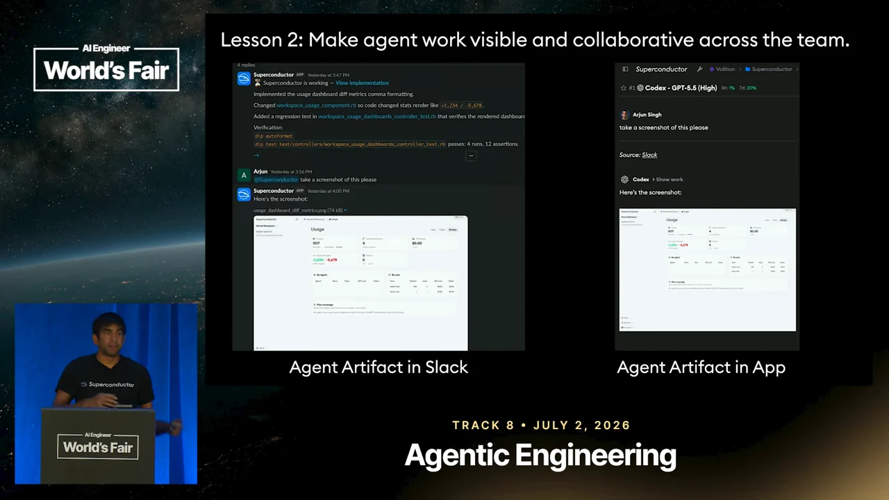 Two screenshots labeled “Agent Artifact in Slack” and “Agent Artifact in App” show the same interface image within conversations.
