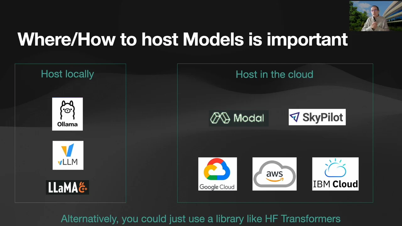 Hosting slide groups Ollama, vLLM, and Llama.cpp under local hosting, and Modal, SkyPilot, Google Cloud, AWS, and IBM Cloud under cloud hosting. A footer mentions HF Transformers.
