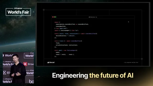 Selected presentation frame from How We Solved Agent Building — Andrew Qu, Vercel at 674 seconds