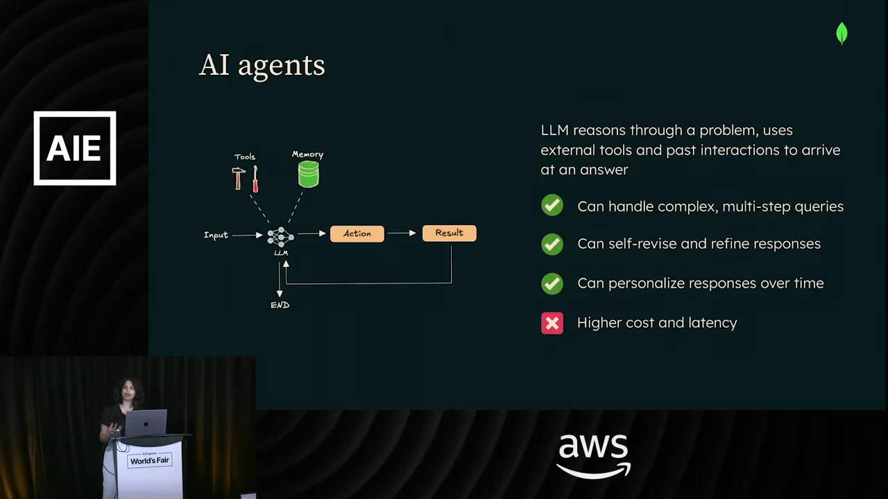 AI agents slide showing tools and memory connected to an LLM, an action-result feedback loop, three benefits, and higher cost and latency.