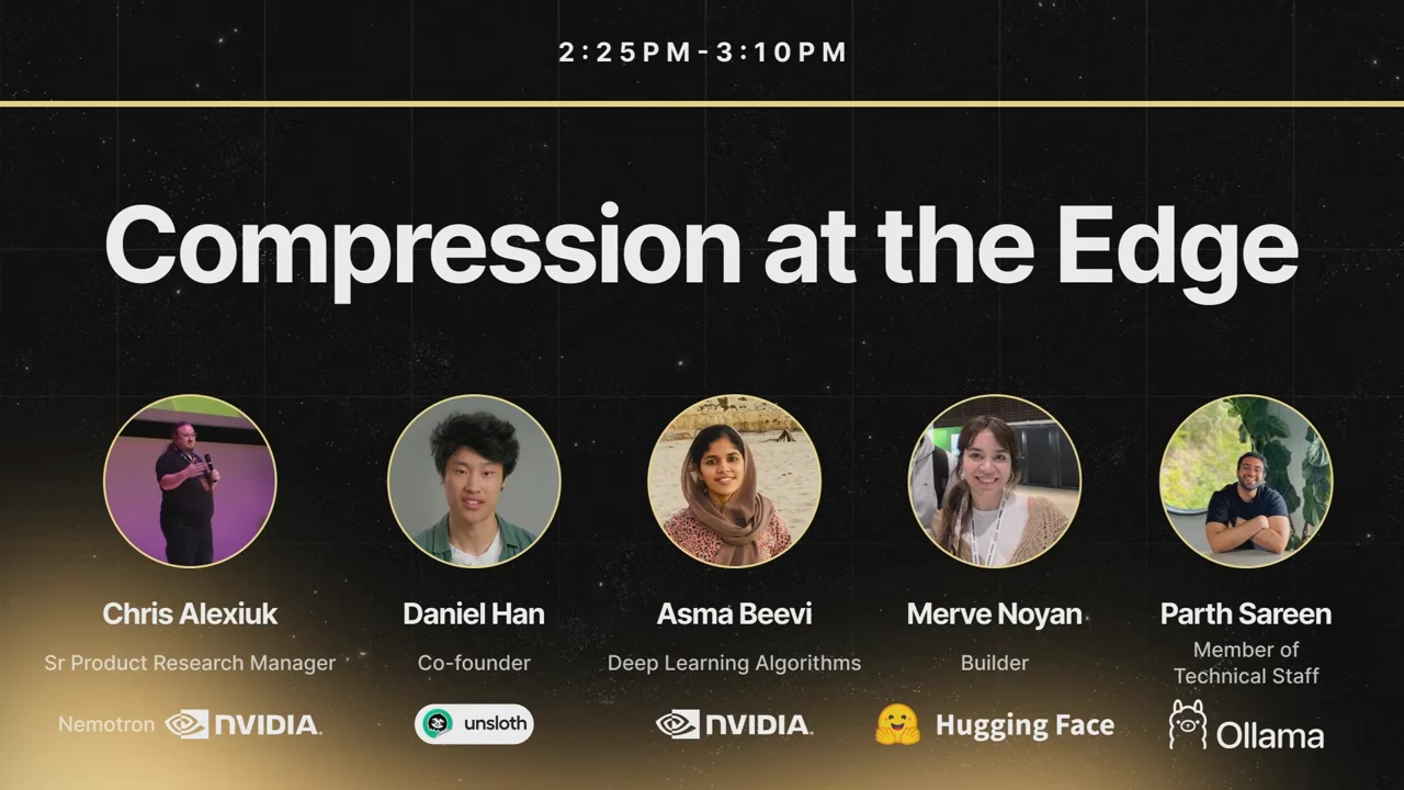 Title slide reading “Compression at the Edge,” with five speaker portraits, names, roles and organization logos.