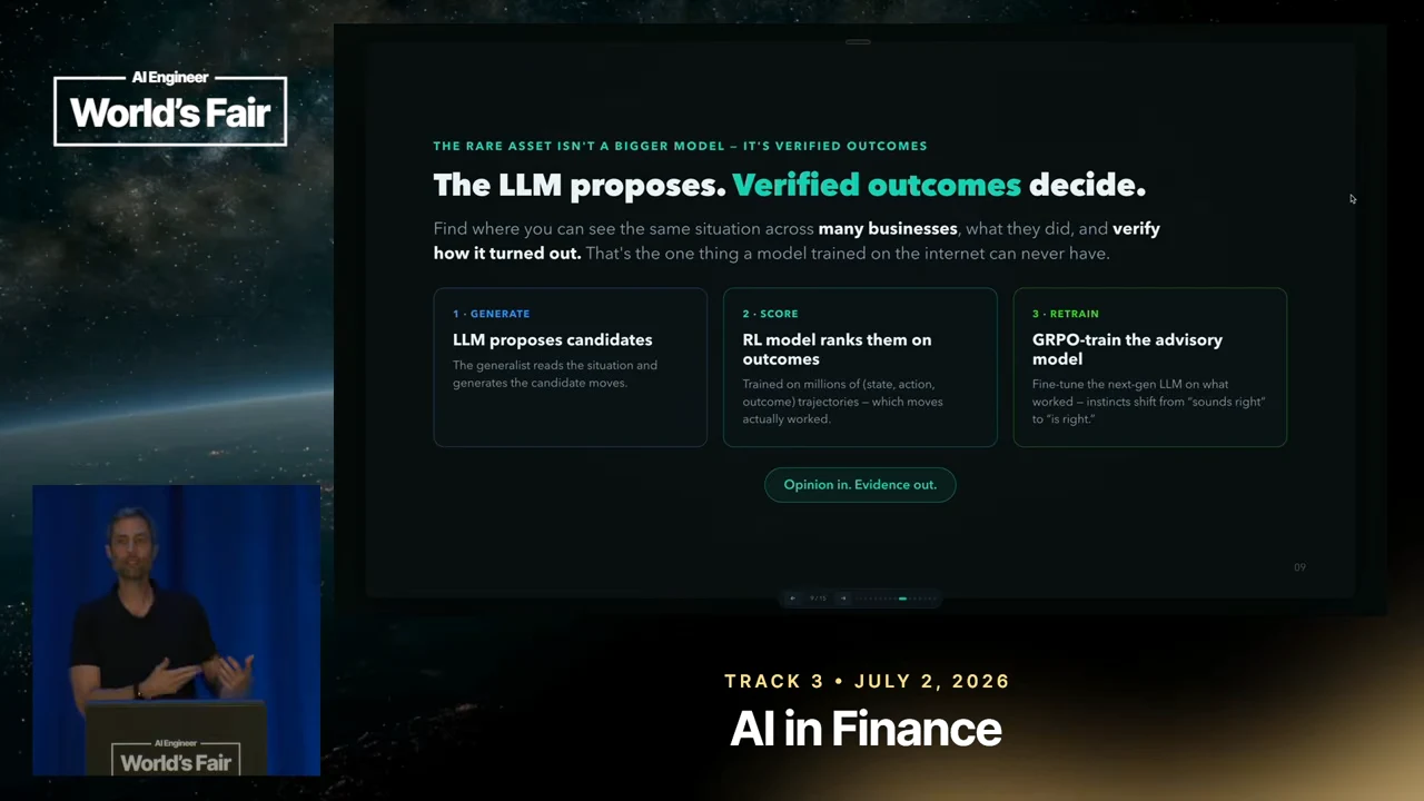 Slide titled “The LLM proposes. Verified outcomes decide.” shows three panels: generate candidates, score them using an RL model, and GRPO-train the advisory model.