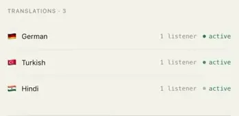 The broadcast session lists German, Turkish and Hindi as separate translations, each with an active listener.
