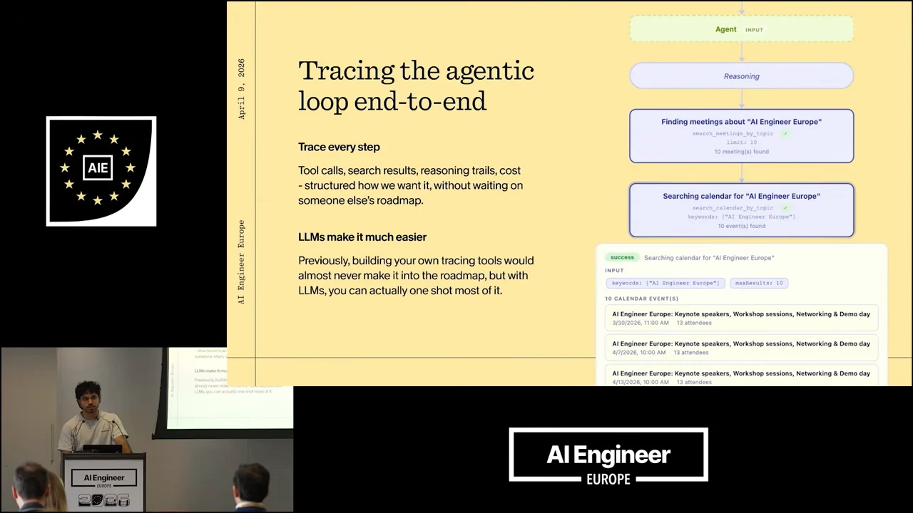 Slide pairing tracing guidance with a vertical trace showing reasoning, meeting search, calendar search, and expanded calendar results.