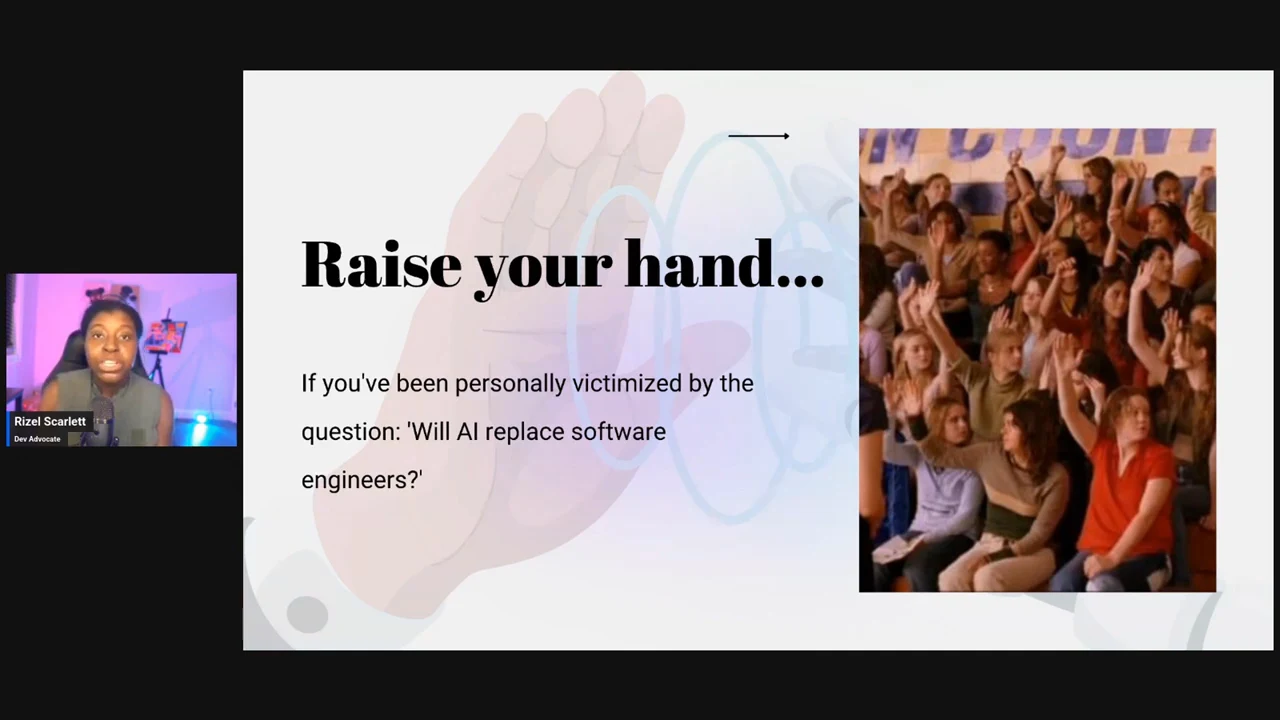 A slide headed “Raise your hand…” asks whether viewers have been personally victimized by the question “Will AI replace software engineers?” beside a crowd raising their hands.