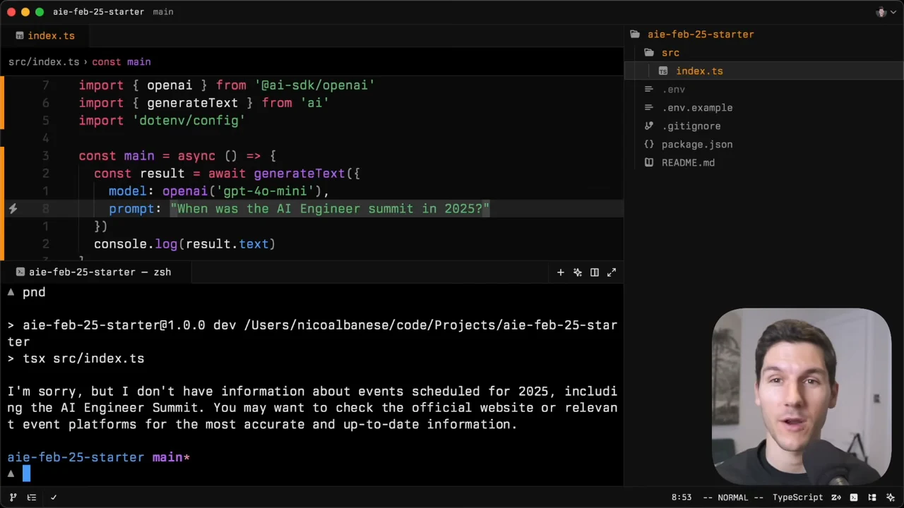 Editor showing a question about the 2025 AI Engineer Summit above terminal output saying the model lacks information about the event.