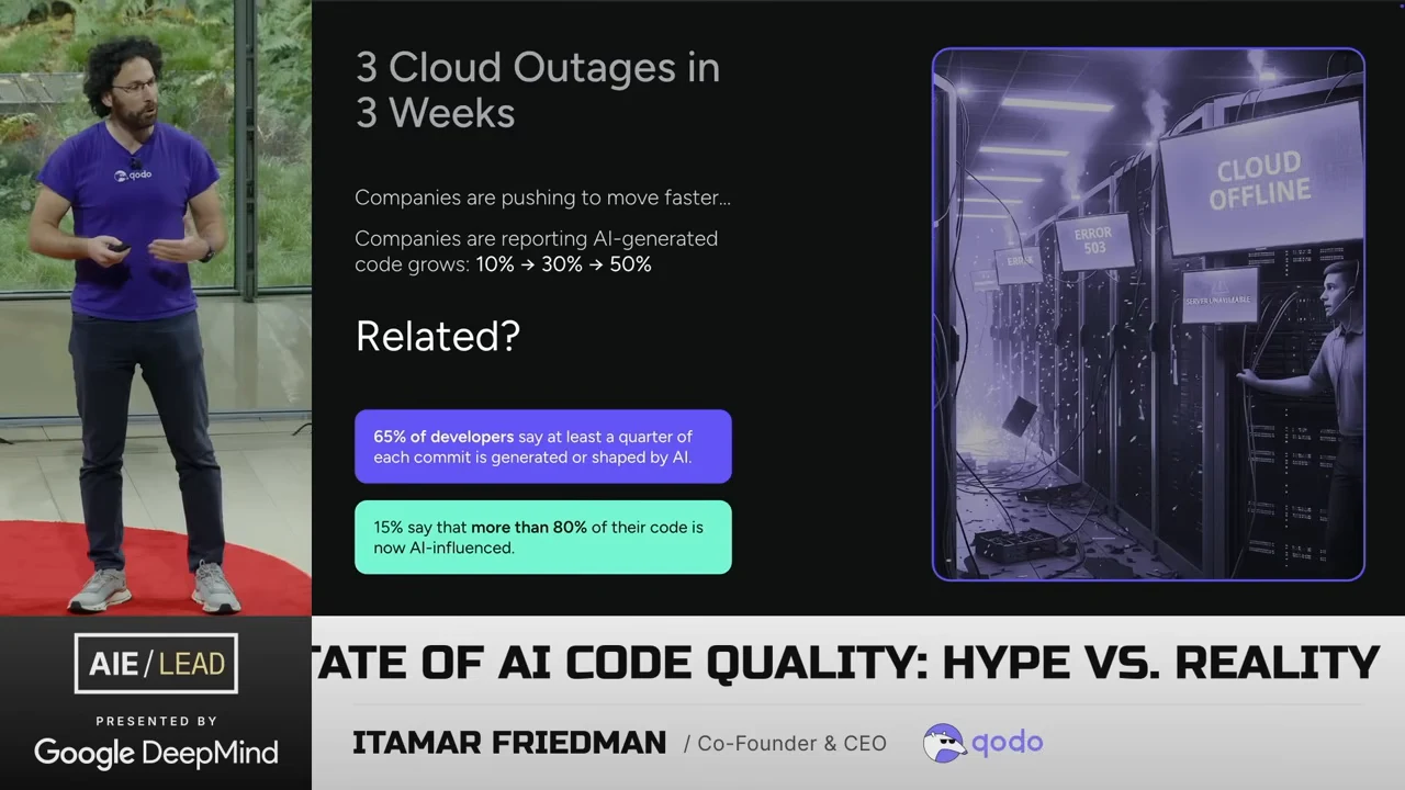 Slide titled “3 Cloud Outages in 3 Weeks,” with AI code adoption figures, the question “Related?”, and an illustration of offline servers.