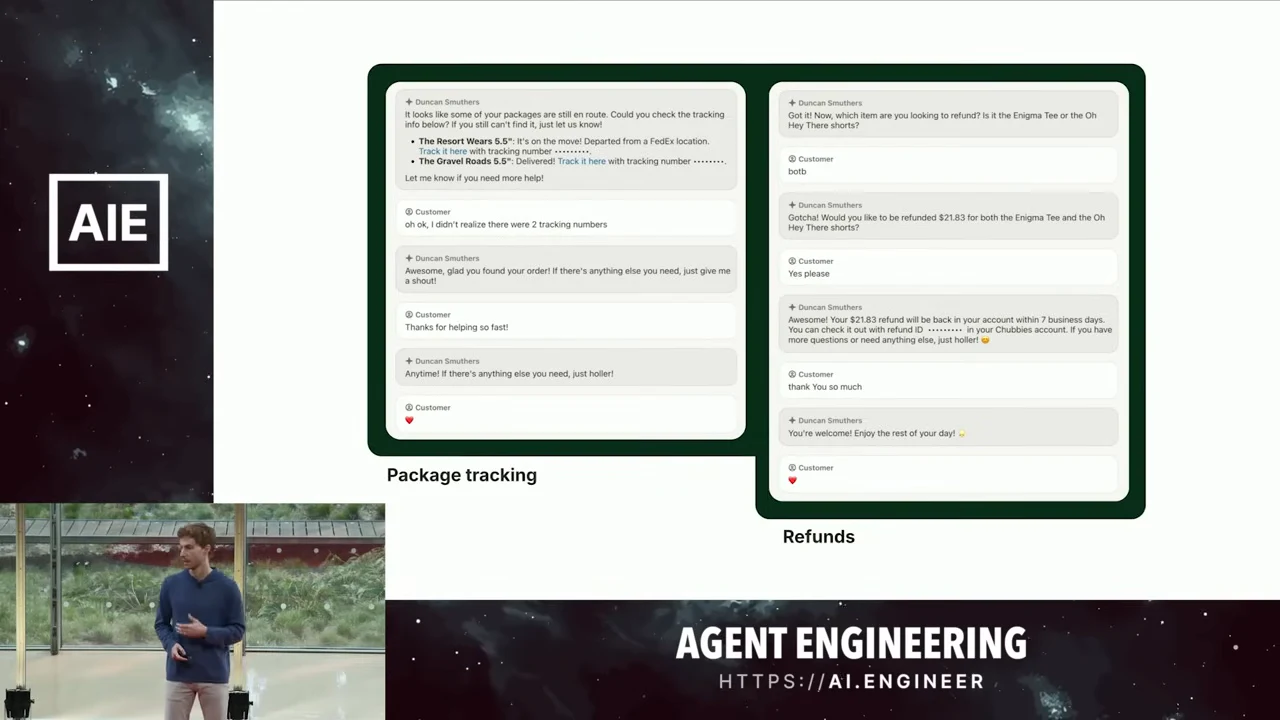 Two chat transcripts in green frames labeled “Package tracking” and “Refunds,” with a small presenter inset.