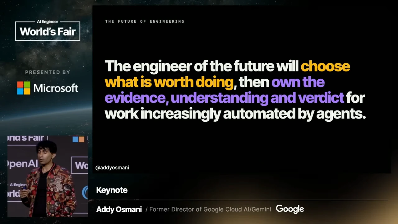 Black slide with white, yellow, and purple text describing the engineer’s role in increasingly automated work, with the speaker inset at left.