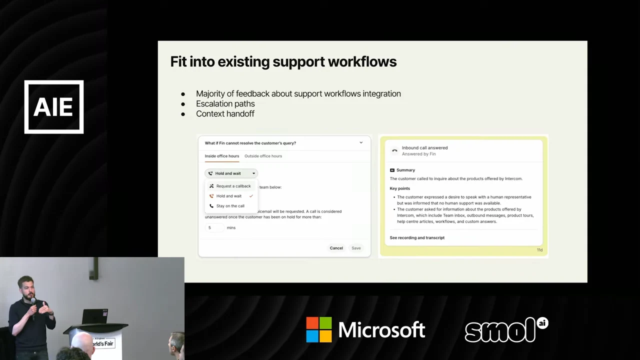 Slide titled “Fit into existing support workflows,” with escalation configuration on the left and a call summary on the right.