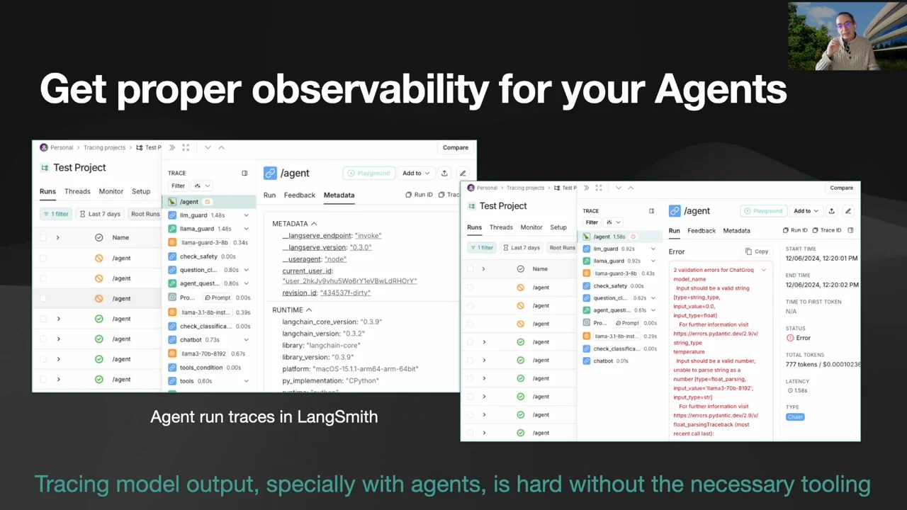 Two overlapping LangSmith screenshots display an agent run tree and metadata on the left and red error details on the right.