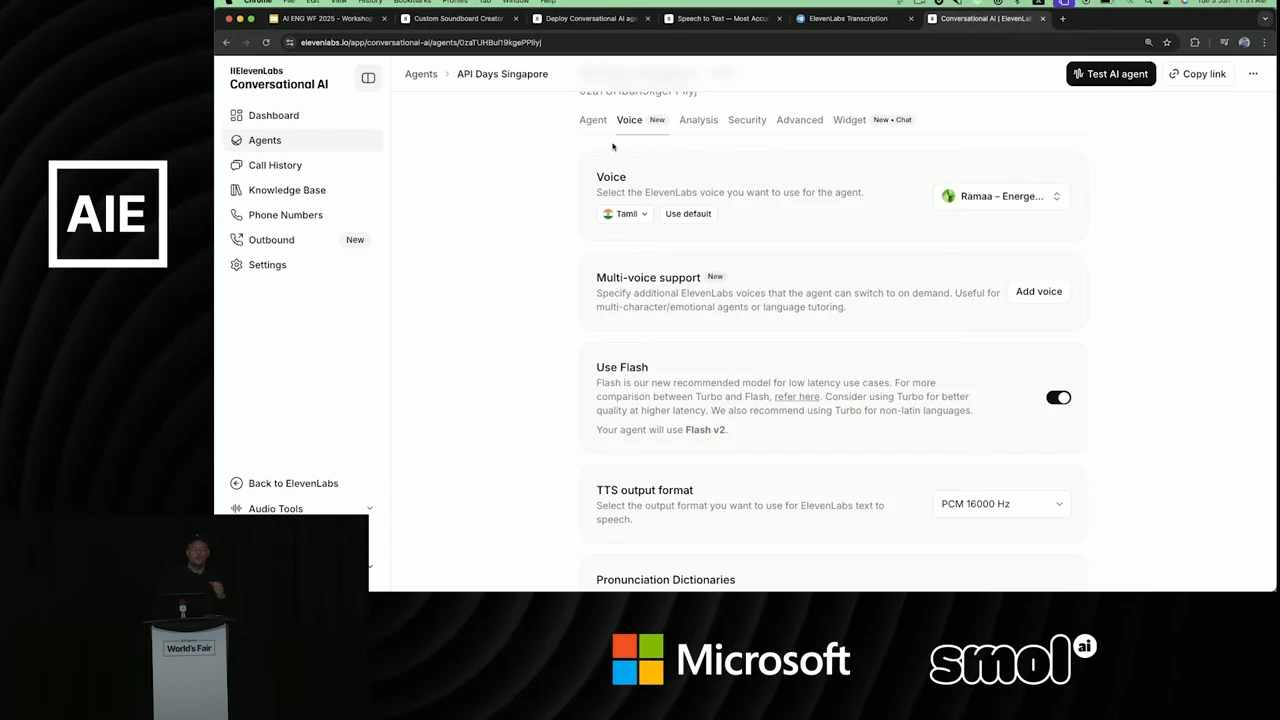 Voice settings showing Tamil selected, an assigned voice, multi-voice support, a Use Flash toggle and TTS output format.