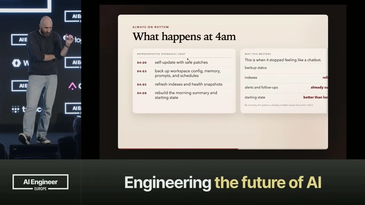Slide titled “What happens at 4am,” listing four timed maintenance steps beside a “Why this matters” panel whose rightmost text is clipped.