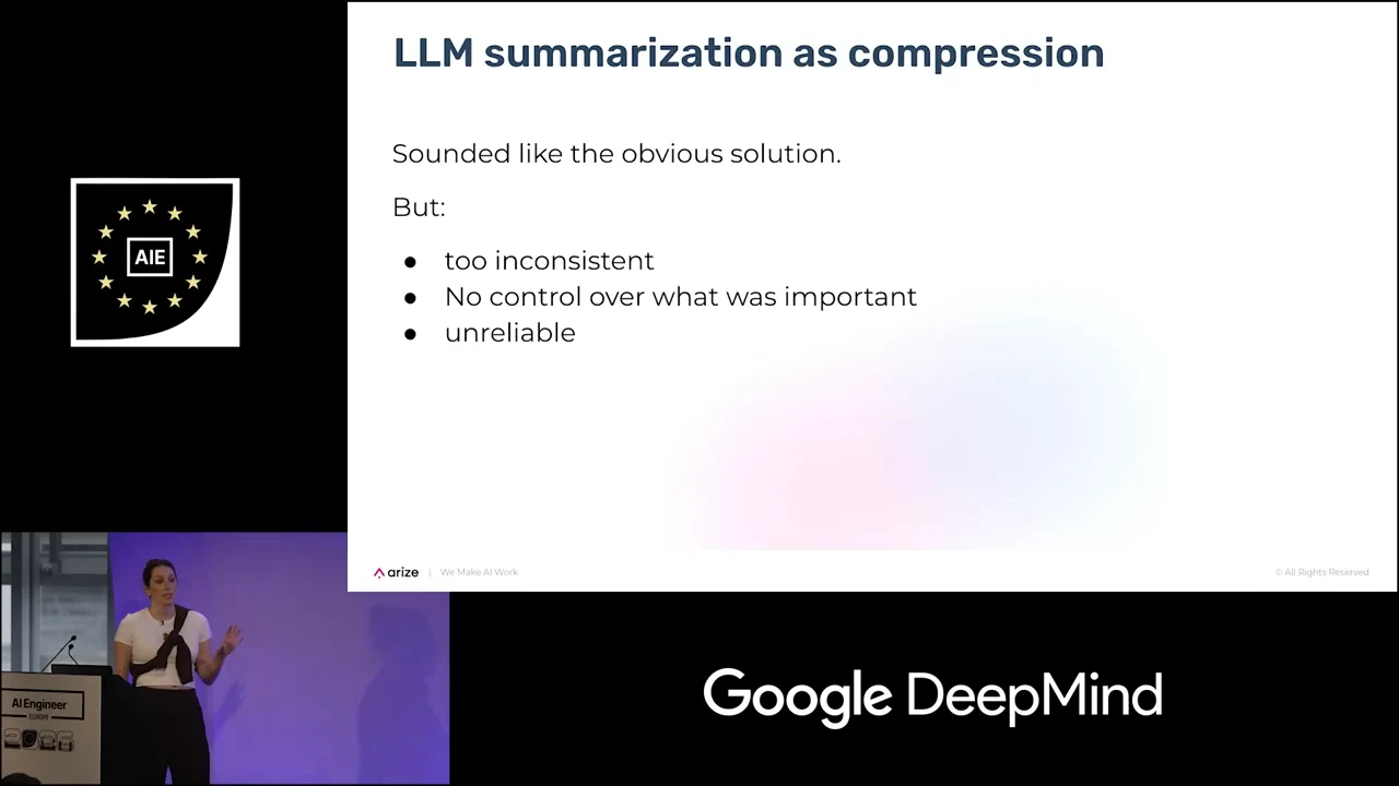Slide titled “LLM summarization as compression” lists three drawbacks: too inconsistent, no control over what was important, and unreliable.