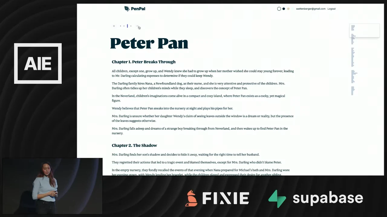 PenPal interface showing Peter Pan, short text blocks under Chapter 1 and Chapter 2 headings, and a narrow minimap on the right.