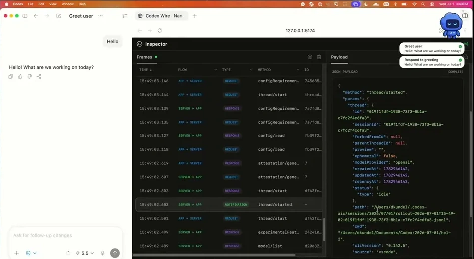 The inspector separates protocol events from their payloads: clients receive structured progress updates, not just the final reply.