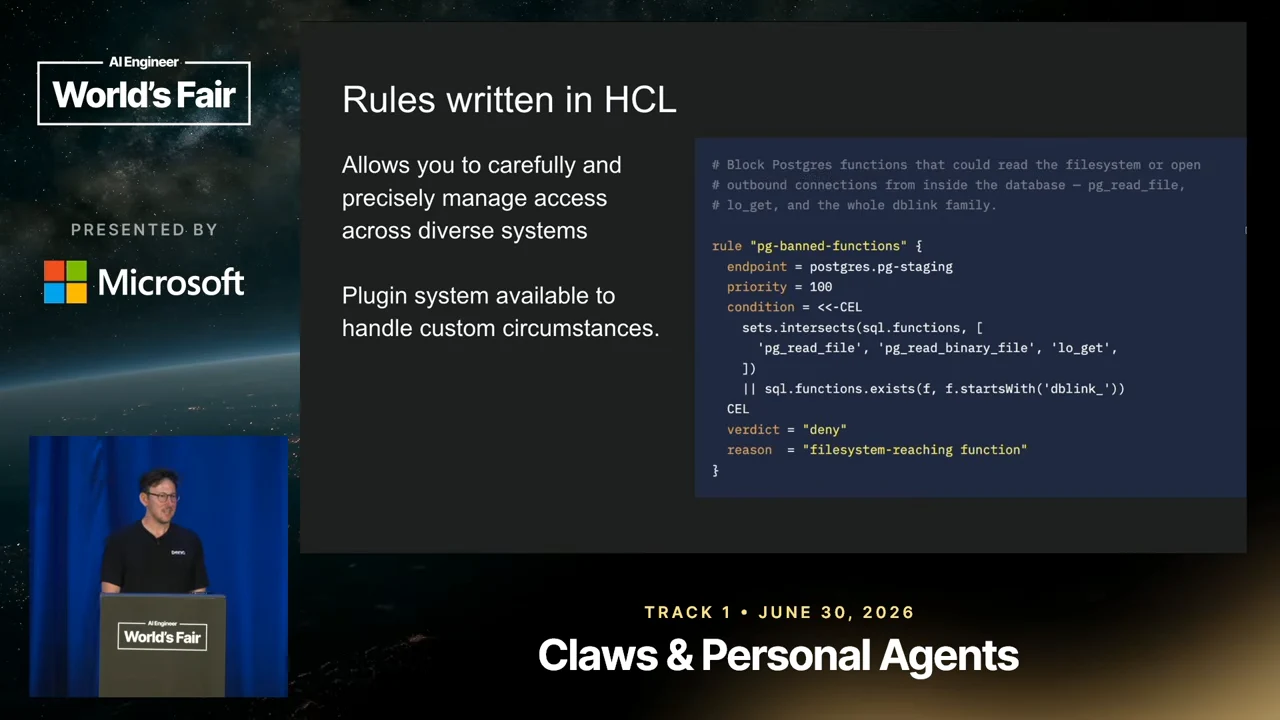 Slide titled “Rules written in HCL” pairs access-management and plugin-system notes with a code block denying specified Postgres functions.