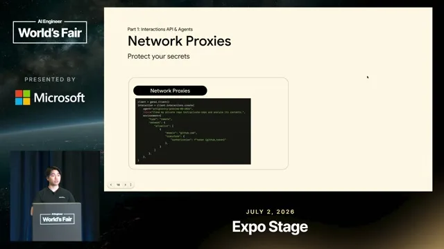 A configured network proxy supplies credentials to outbound requests, using placeholder token references in the example.
