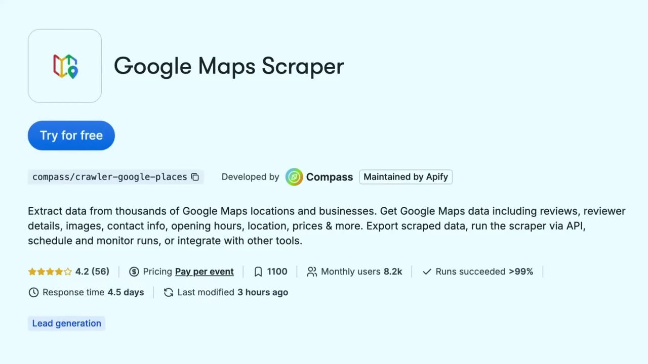 Google Maps Scraper listing with a Try for free button, developer attribution, description, rating, Pay per event pricing label, and usage statistics.