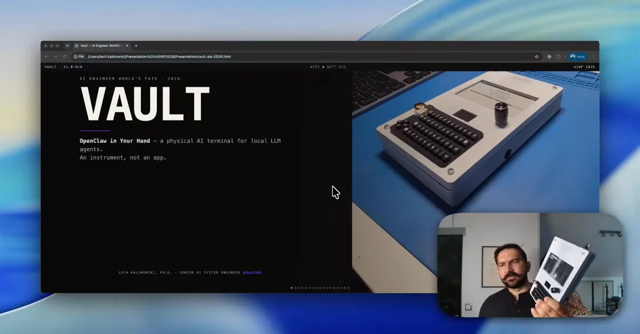 VAULT title beside a photograph of a gray terminal with a keyboard, display and knob; the presenter holds a device in the inset.