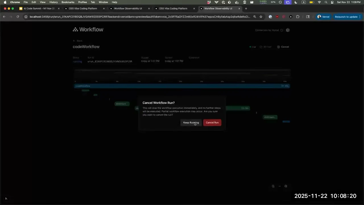 Cancel Workflow Run dialog over a workflow timeline, with Keep Running and Cancel Run buttons.