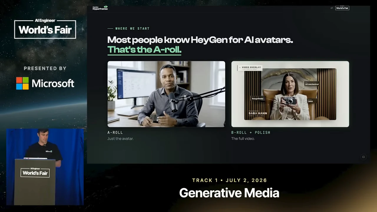 Slide comparing a man speaking into a microphone with a woman in a video frame containing text overlays.