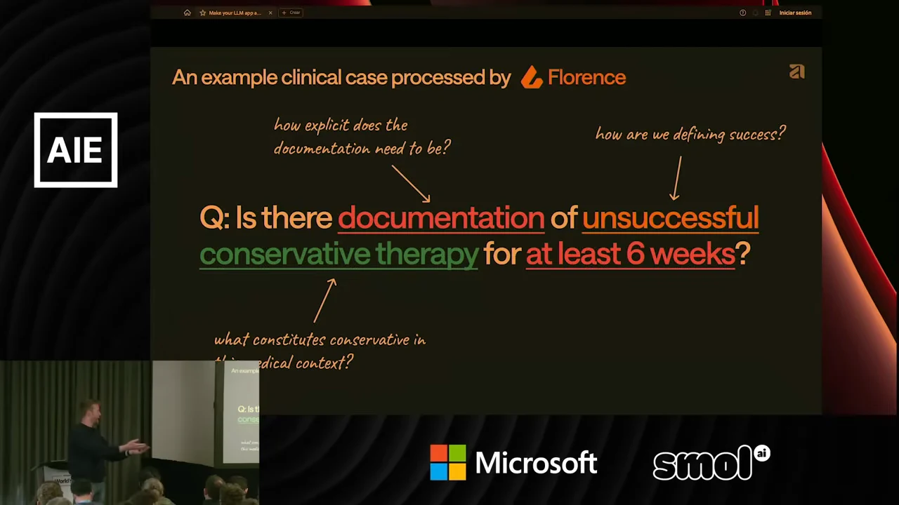 Florence clinical-case slide asking about documented unsuccessful conservative therapy for at least six weeks, with colored underlines and handwritten questions pointing to key terms.