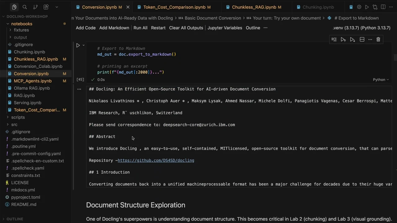 VS Code notebook showing a Markdown export cell and output containing the paper title, authors, abstract, repository link, and introduction heading.