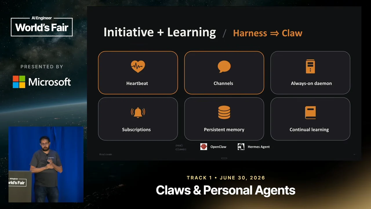 Six tiles labeled Heartbeat, Channels, Always-on daemon, Subscriptions, Persistent memory, and Continual learning; Heartbeat and Channels have orange outlines. OpenClaw and Hermes Agent appear below.
