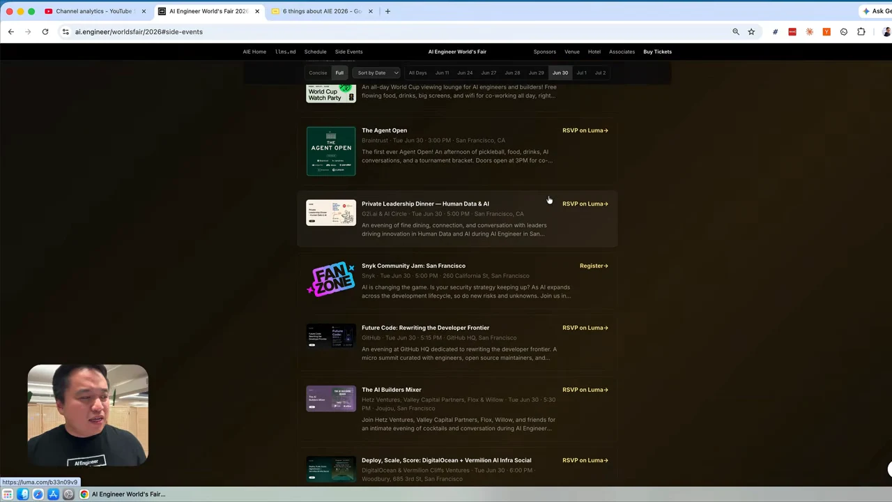 Dark website showing side-event cards, including an All-day World Cup Viewing Lounge, with registration links.