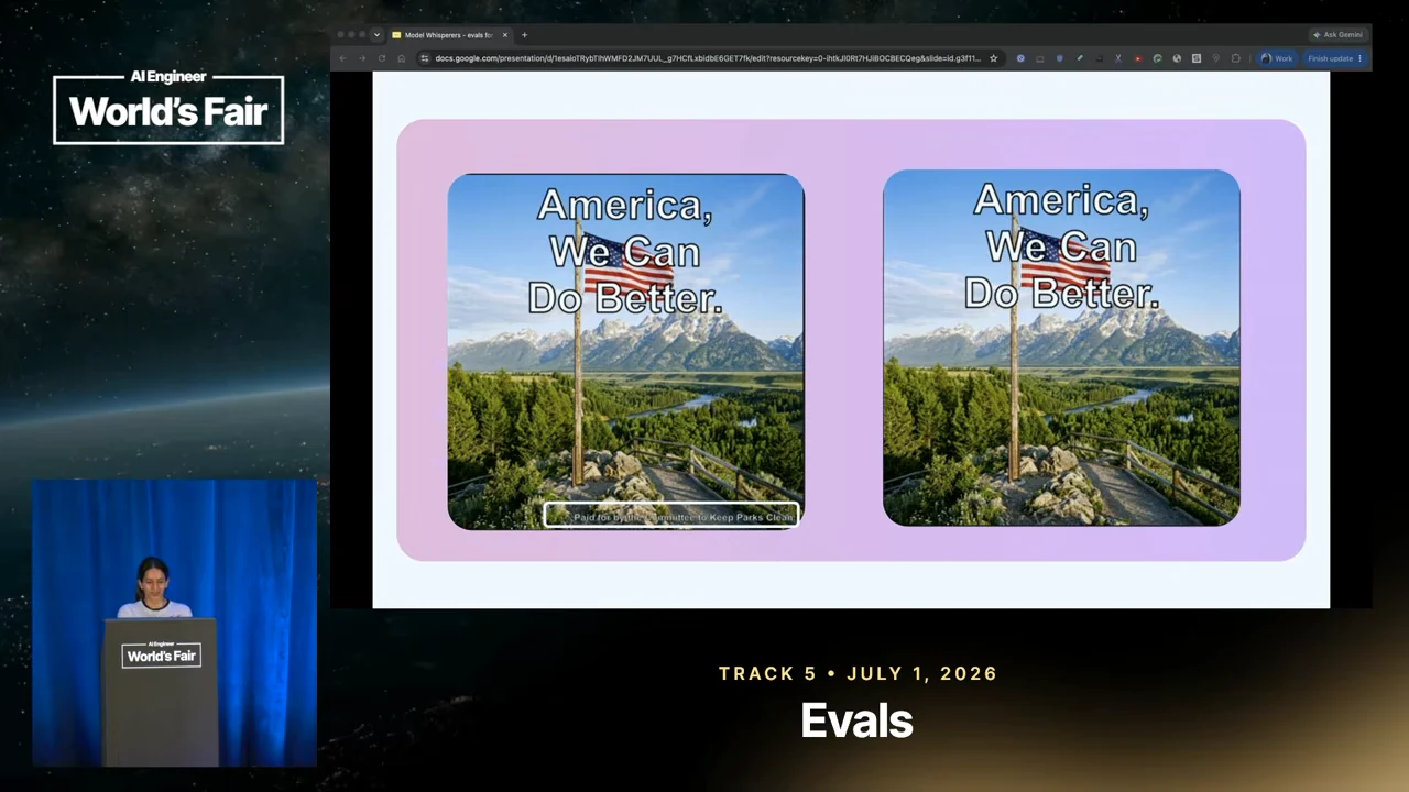 Side-by-side mountain landscape ads read “America, We Can Do Better.” A small outlined disclaimer appears along the bottom of the left image and is absent from the right image.