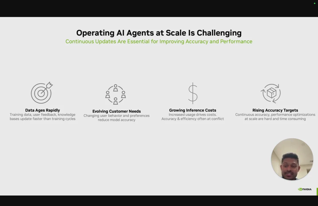 Slide lists rapidly aging data, evolving customer needs, growing inference costs, and rising accuracy targets beneath a call for continuous updates.
