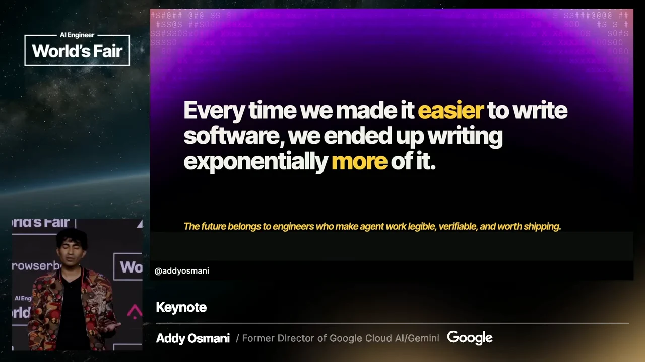 Purple-and-black closing slide stating that easier software writing led to exponentially more software, with a yellow sentence about making agent work legible, verifiable, and worth shipping.