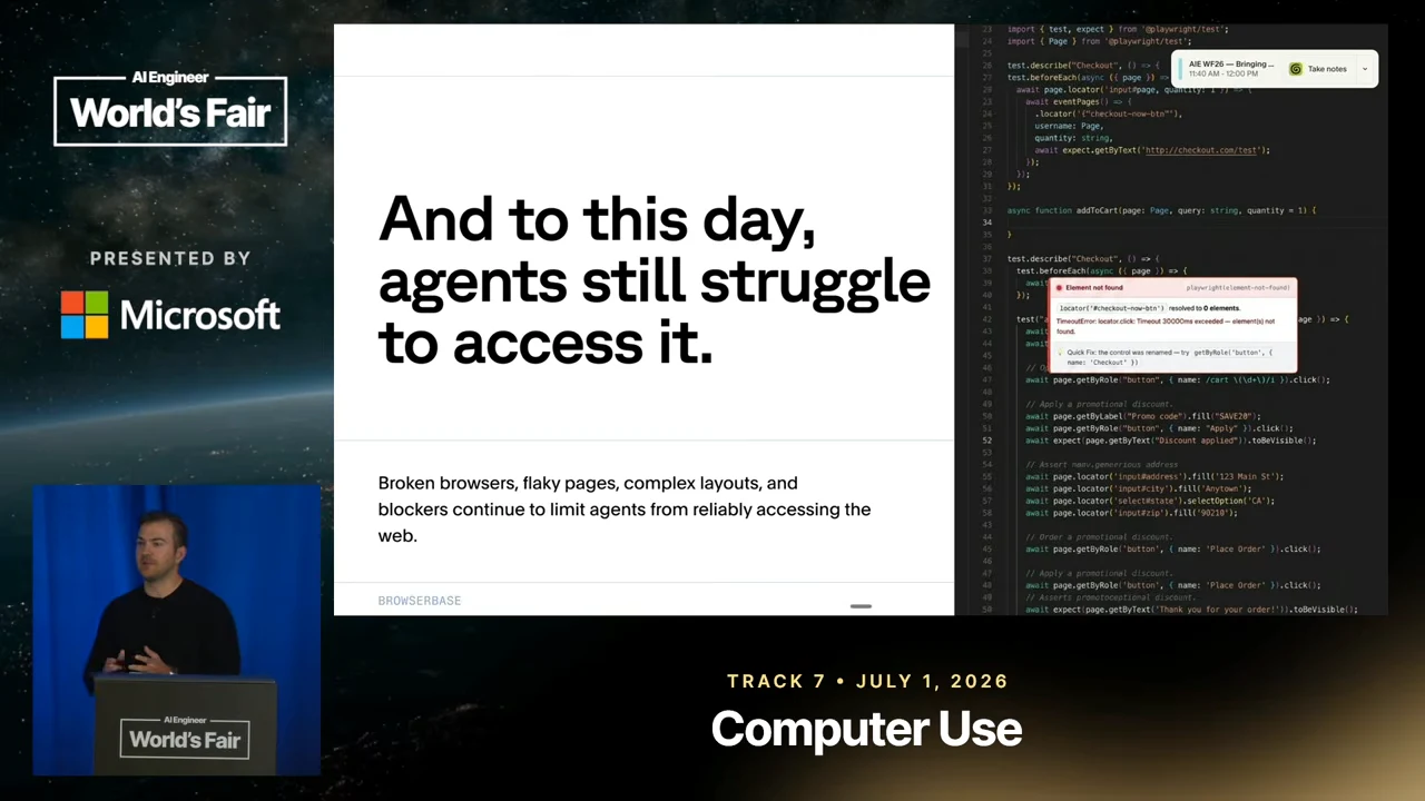 Slide describing broken browsers, flaky pages, complex layouts and blockers beside a code screenshot with an error dialog.