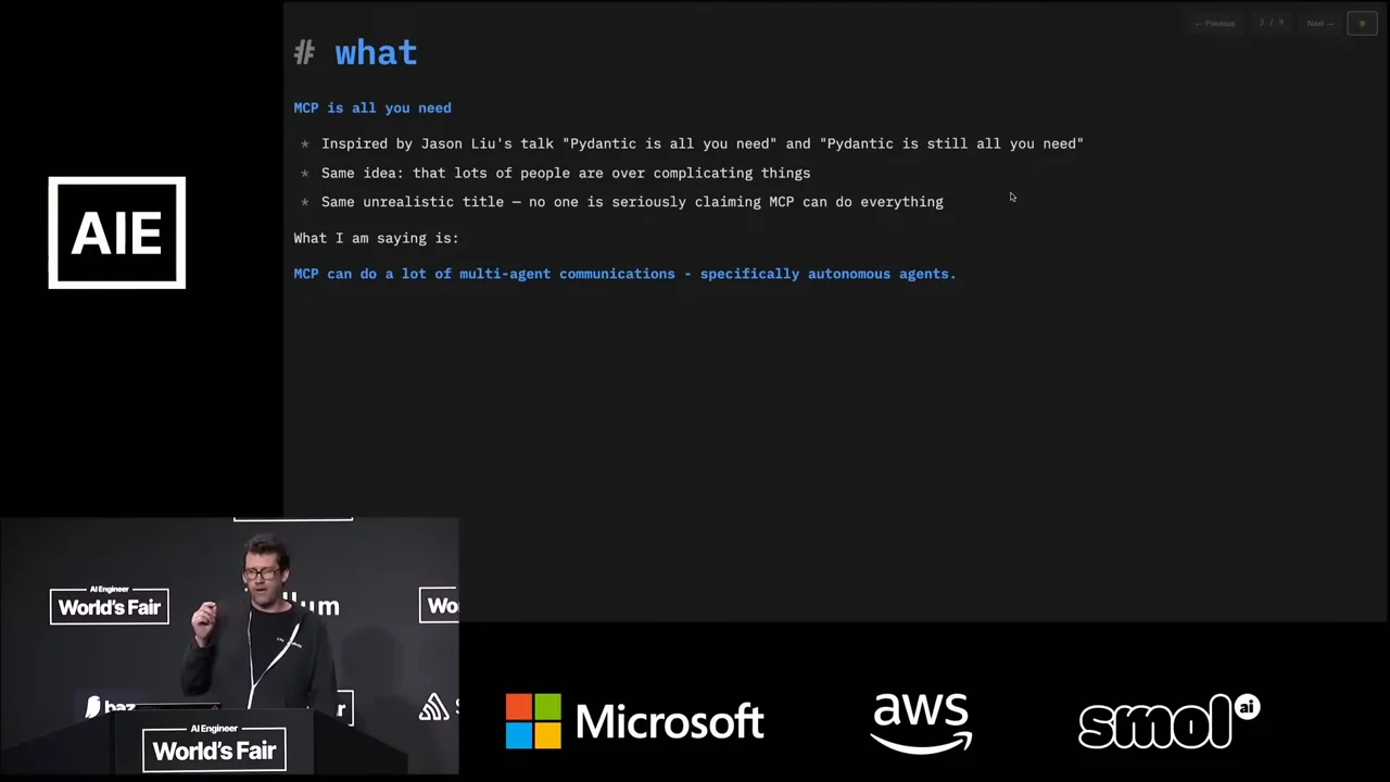 Slide titled “what” explains the talk’s title and highlights MCP’s role in multi-agent communication, with the speaker inset below.