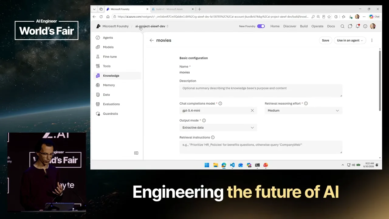 Foundry configuration page named movies, showing model, retrieval reasoning effort, output mode, and a Use in an agent button.