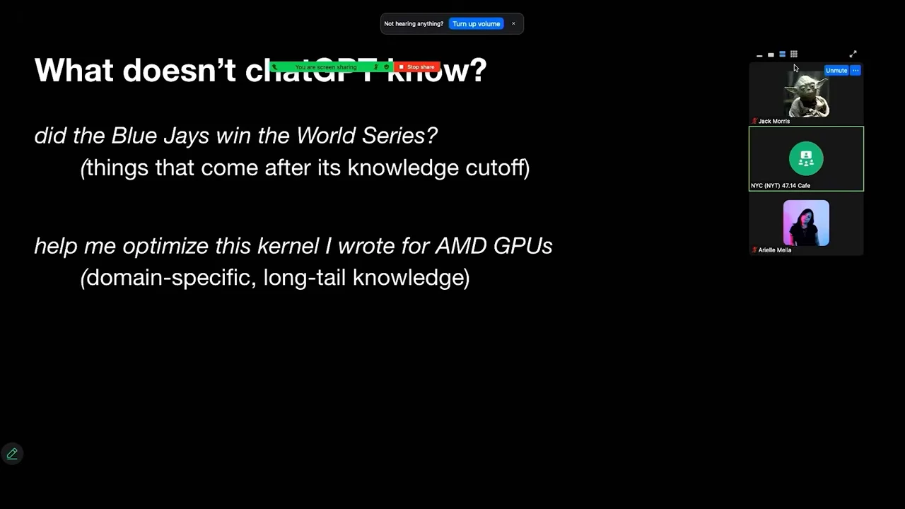 Slide pairs a Blue Jays World Series question with a knowledge-cutoff explanation, and an AMD GPU kernel request with domain-specific, long-tail knowledge.