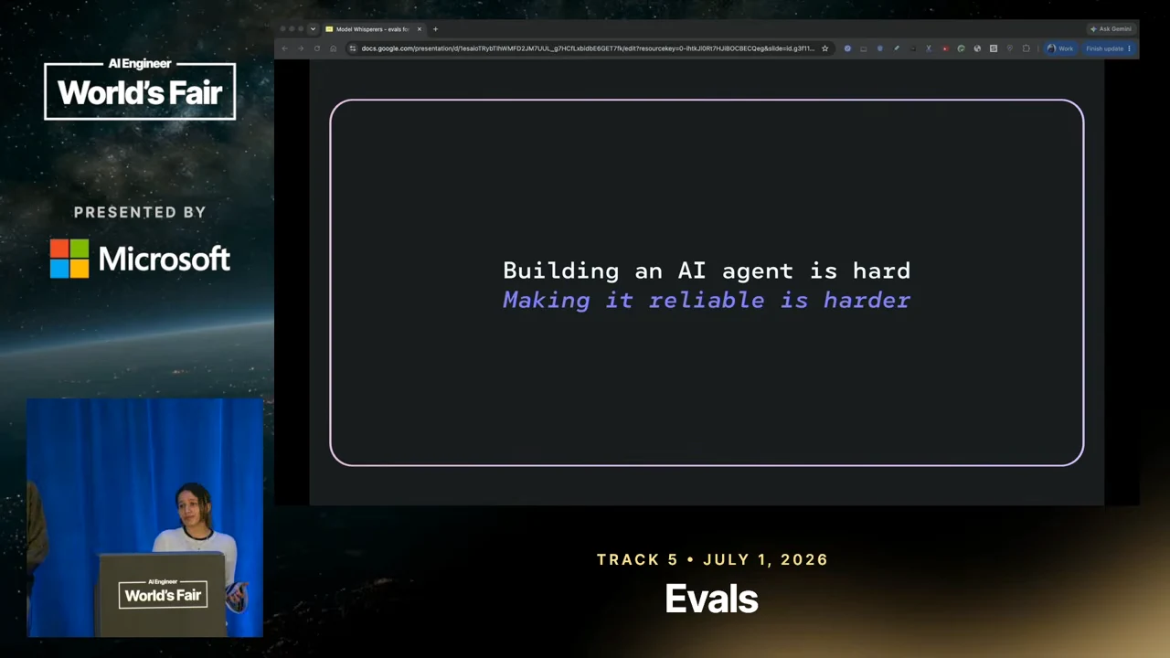 Dark slide with two lines: “Building an AI agent is hard” and “Making it reliable is harder,” with the second line highlighted in purple.