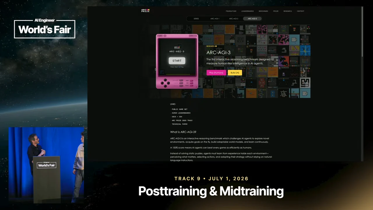 Dark ARC-AGI-3 webpage with a pink handheld-style game panel, Start button, and mosaic of puzzle images.