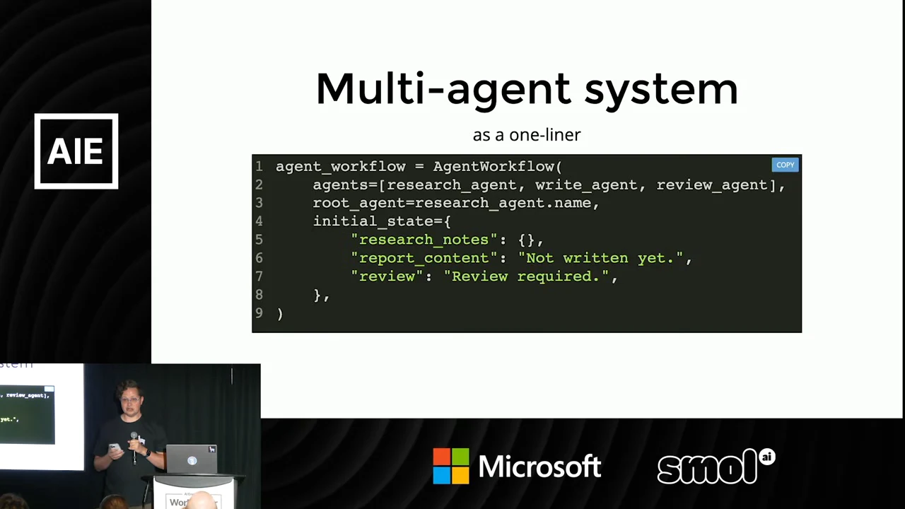 “Multi-agent system” slide with an AgentWorkflow code block listing three agents, a root agent, and initial state fields for research notes, report content, and review.