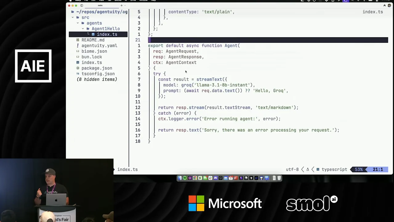 Code editor showing an agent handler with request, response and context parameters, a streaming model call, and error handling beside the project file tree.