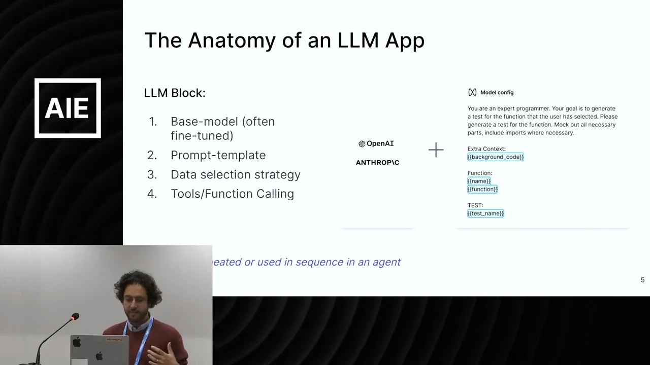The Anatomy of an LLM App slide lists base model, prompt template, data selection strategy, and tools/function calling, alongside model providers and a prompt configuration example.