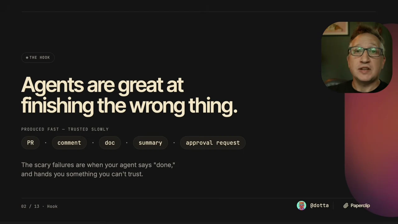 Slide lists PR, comment, doc, summary, and approval request beneath the heading, with a warning about receiving work you cannot trust.