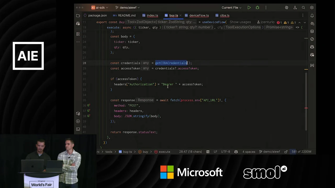 Code editor showing the buy tool, a highlighted credential-retrieval call, access-token assignment, and an authorization header before a POST request.