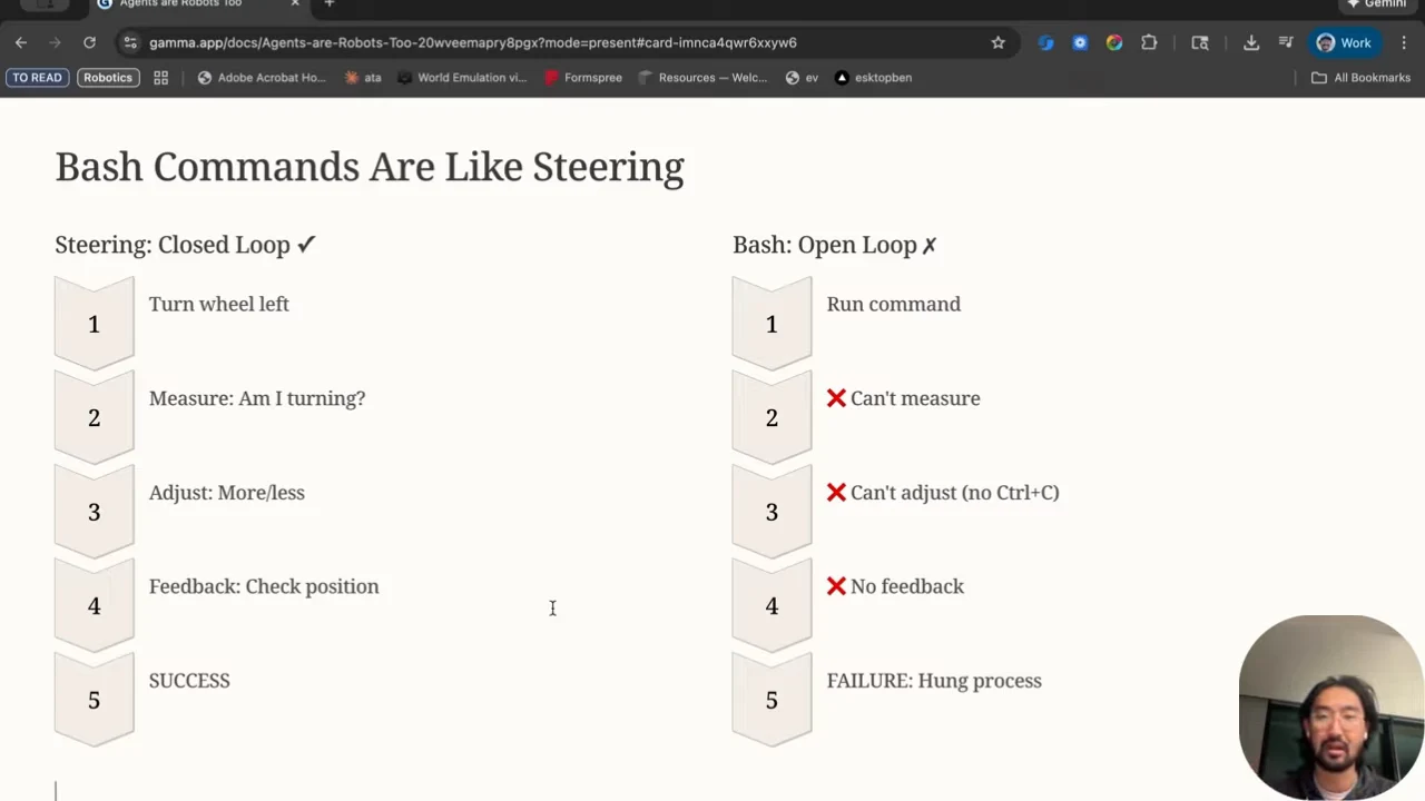 Two five-step columns contrast steering with measurement, adjustment and feedback against Bash commands with missing measurement, adjustment and feedback, ending in a hung process.