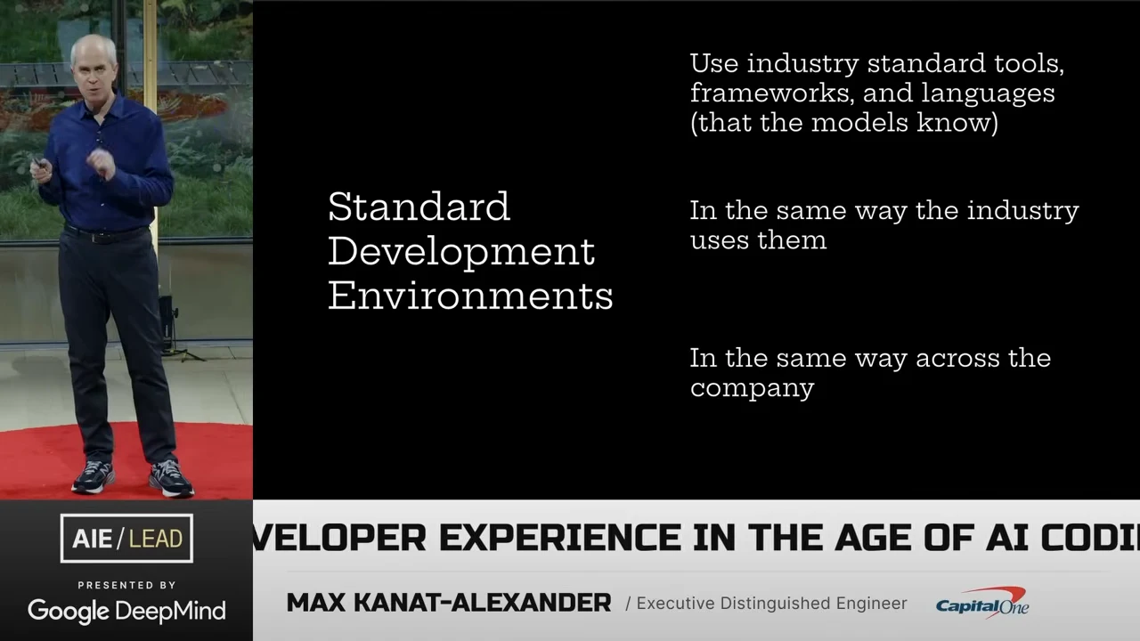 Slide titled “Standard Development Environments” recommends industry-standard tools, frameworks, and languages that models know, used as the industry uses them and consistently across the company.